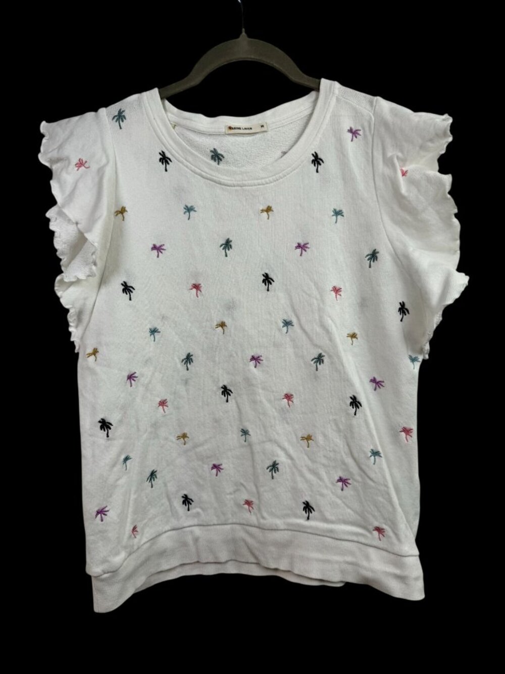 Marine Layer Womens Palm Tree Embroidered White Ruffle Sleeve Top Size Medium